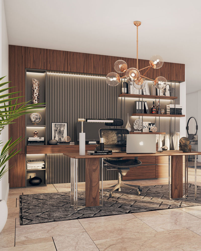 Bureau aménagé avec mobilier sur mesure en bois, villa Quinta de Faro